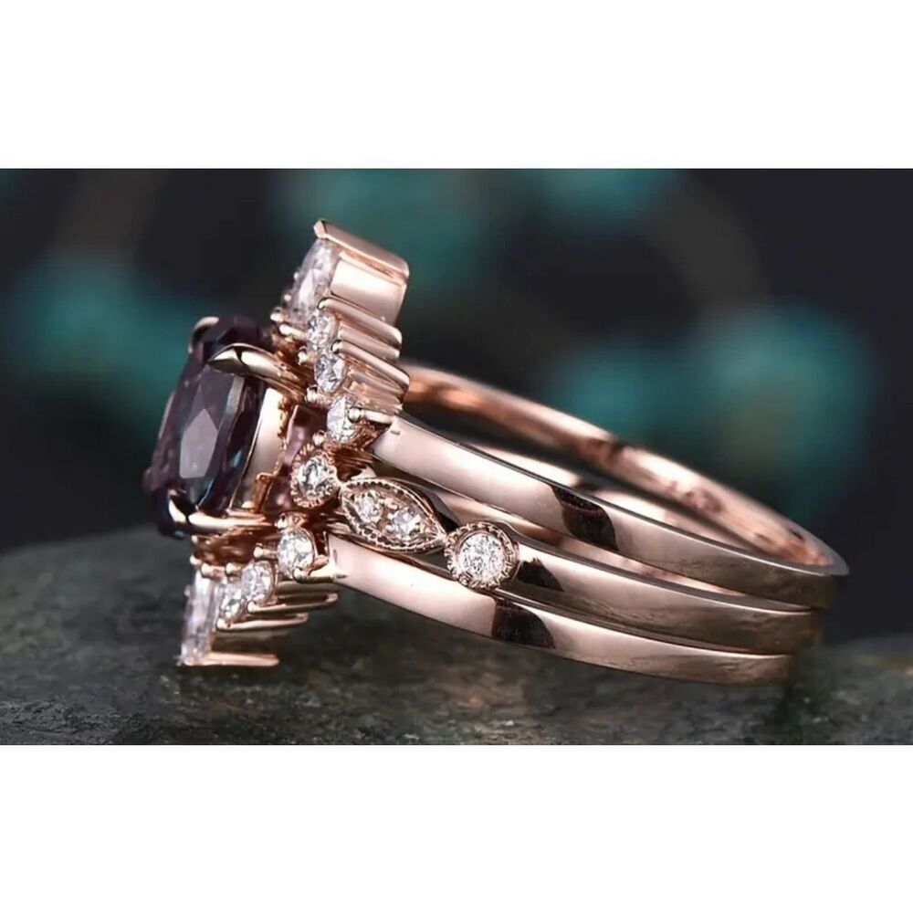 3 PC Alexandrite Engagement Ring Set Wedding Rose Gold Fashion Metal Unknown 7 - Picture 2 of 4